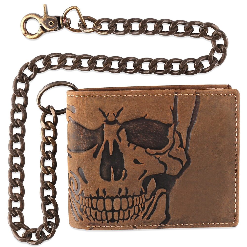 6055 RFID Blocking bi-fold Style Cowhide Leather Steel Chain Wallet, brown